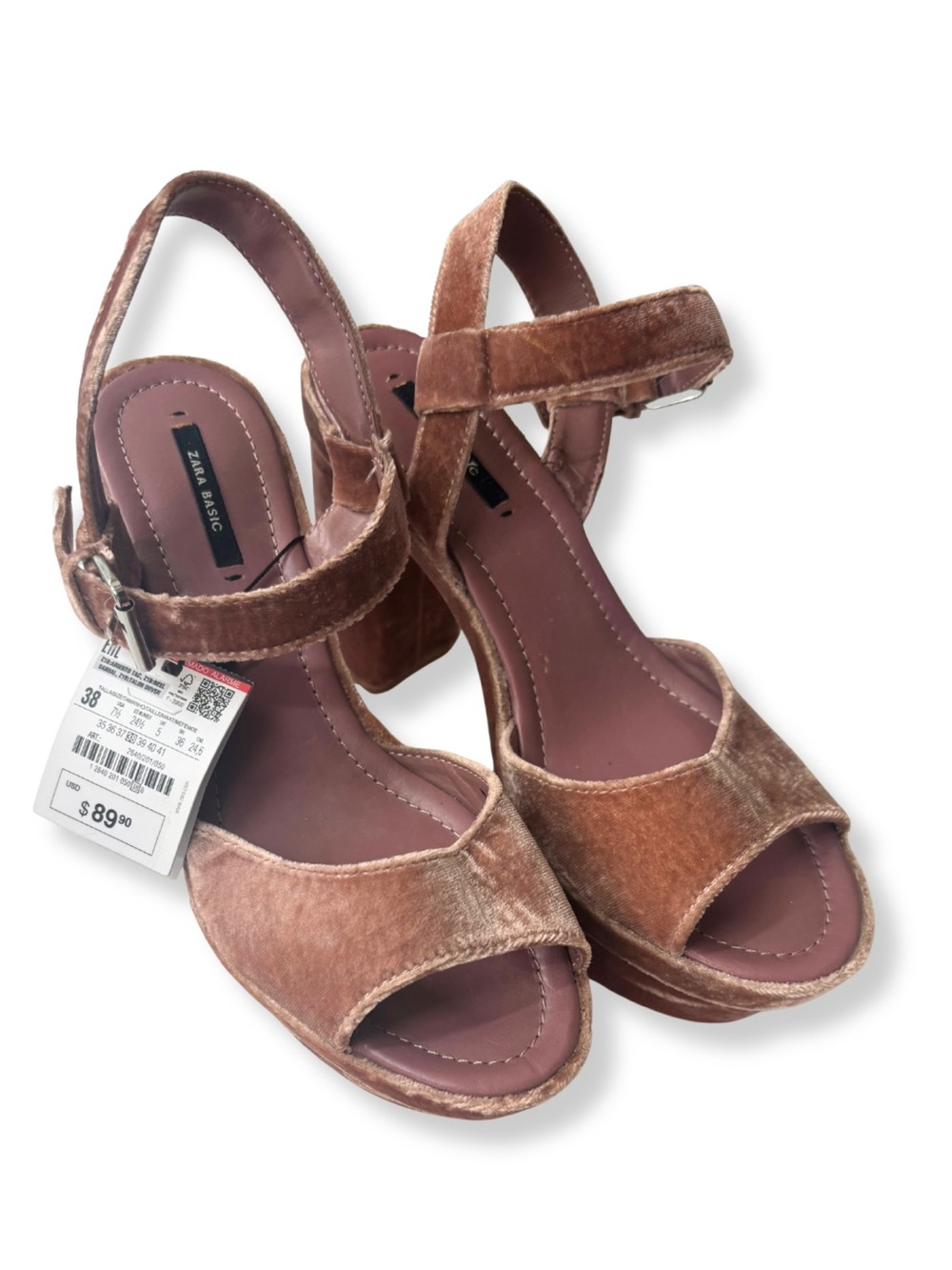 Zara NWT Pink Blush Velvet Platform Block Heel Sandals Size 38 / US 7.5